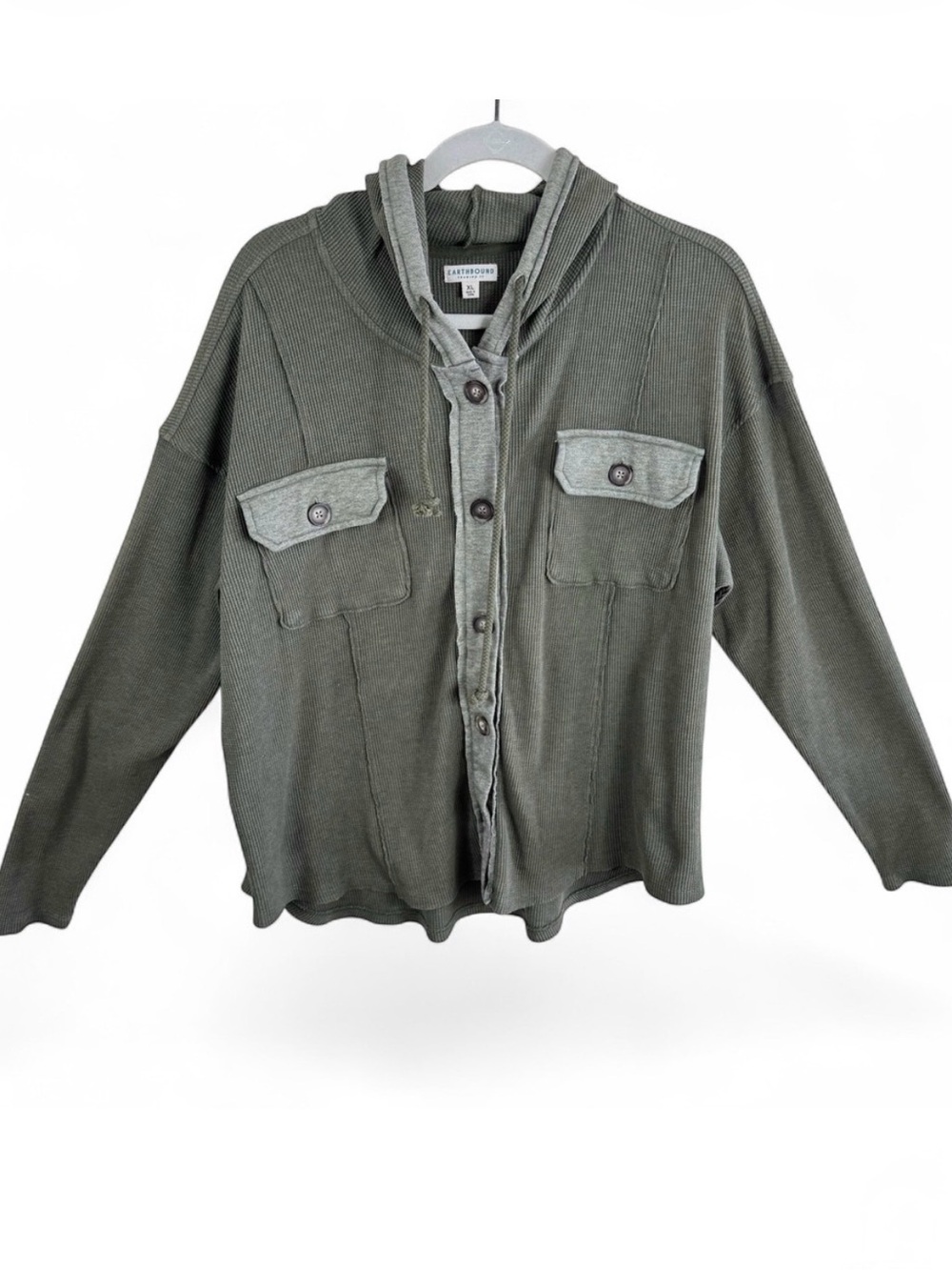 Earthbound Trading Co Womens XL Olive Green Waffle Knit Button Up Hoodie Thermal